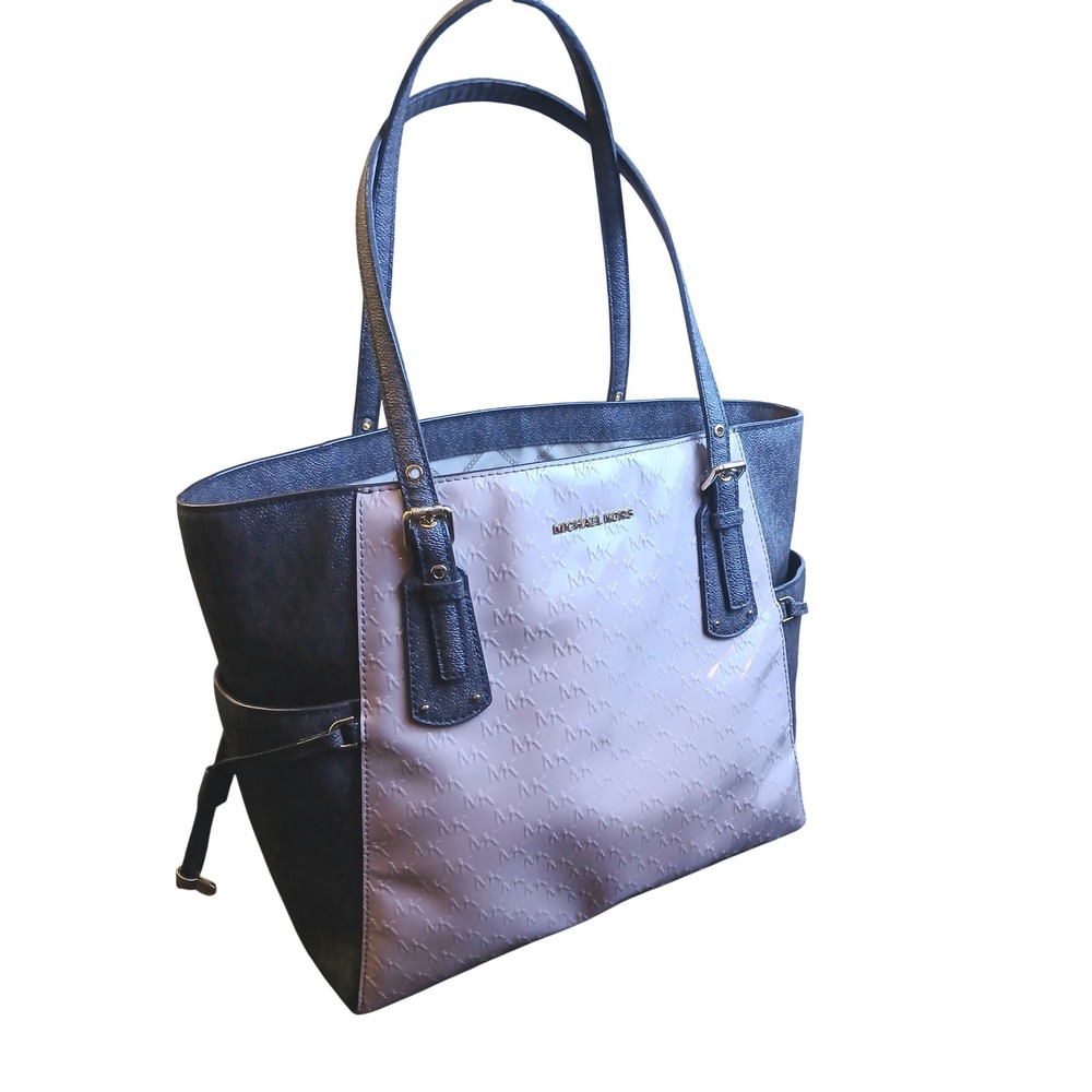 Michael Kors Voyager Tote Brown Pink Monogram Patent Mixed Media Shoulder Bag